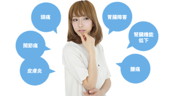 ・頭痛・胃腸障害・腎臓機能低下・腰痛・関節痛・皮膚炎　など