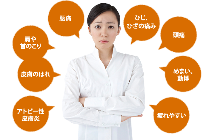 ・アトピー性皮膚炎・皮膚のはれ・肩や首のこり・腰痛・ひじ、ひざの痛み・頭痛・めまい、動悸・疲れやすい　など